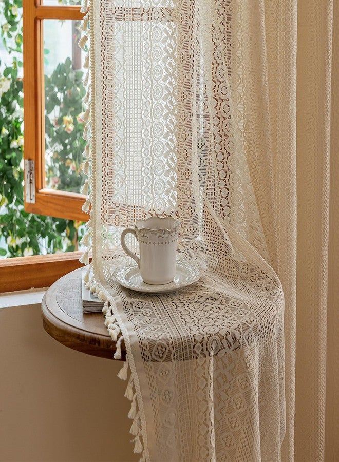 TERLYTEX Boho Curtains 80 Inches Long 2 Panels, W60 x L80 Inch, Geometric Stripes Crochet Patterned Lace Curtains with Tassels for Living Room Rod Pocket Light Filtering Privacy Vintage Bohemian Window Curtain - Image 1